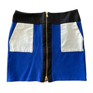 Vintage Mod Colorblock Mini Skirt‎ Womens 10 Blue Black White Zip Front Retro